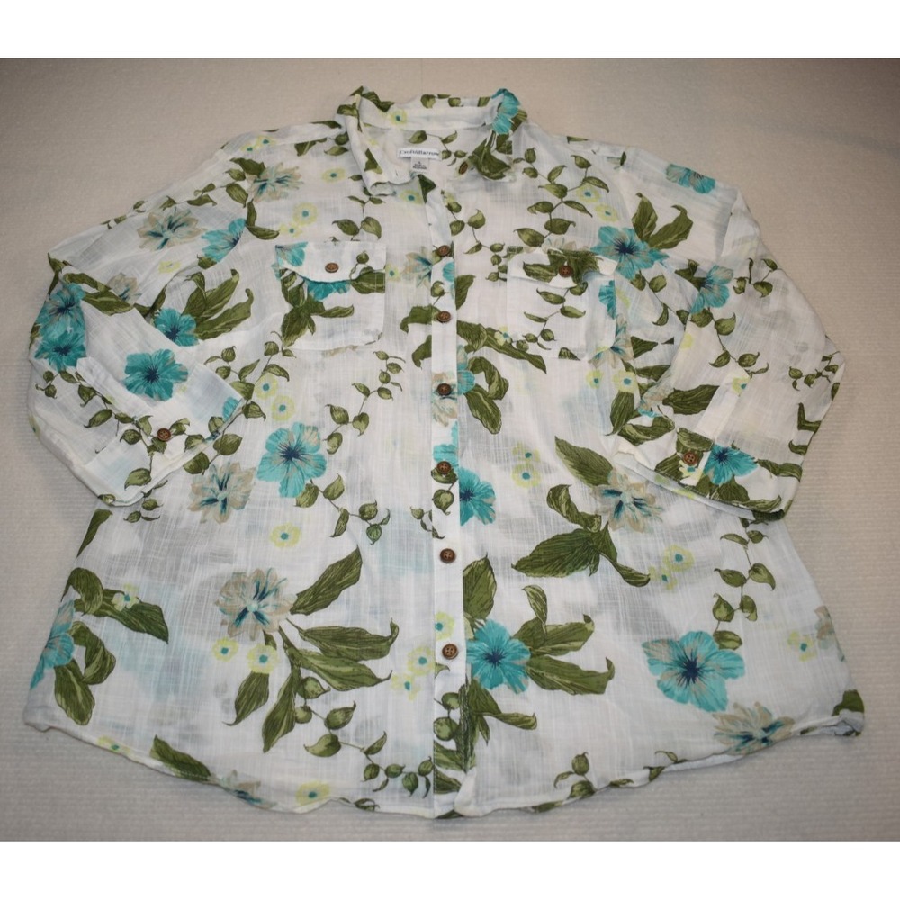 Croft & Barrow Women's Button-Up Shirt Long Sleeve Floral White Green Blue Large